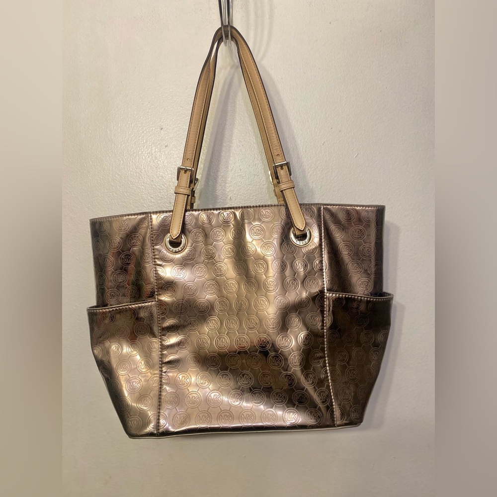 Michael Kors Bronze Metallic Logo Shoulder Purse Handbag Tote - Picture 6 of 14